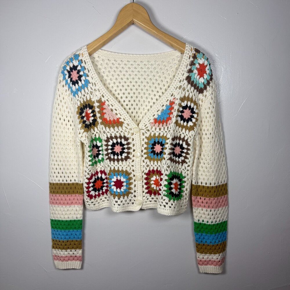 Granny Square Crochet Open Knit Long Sleeve Top Layering Granny Core Size Large